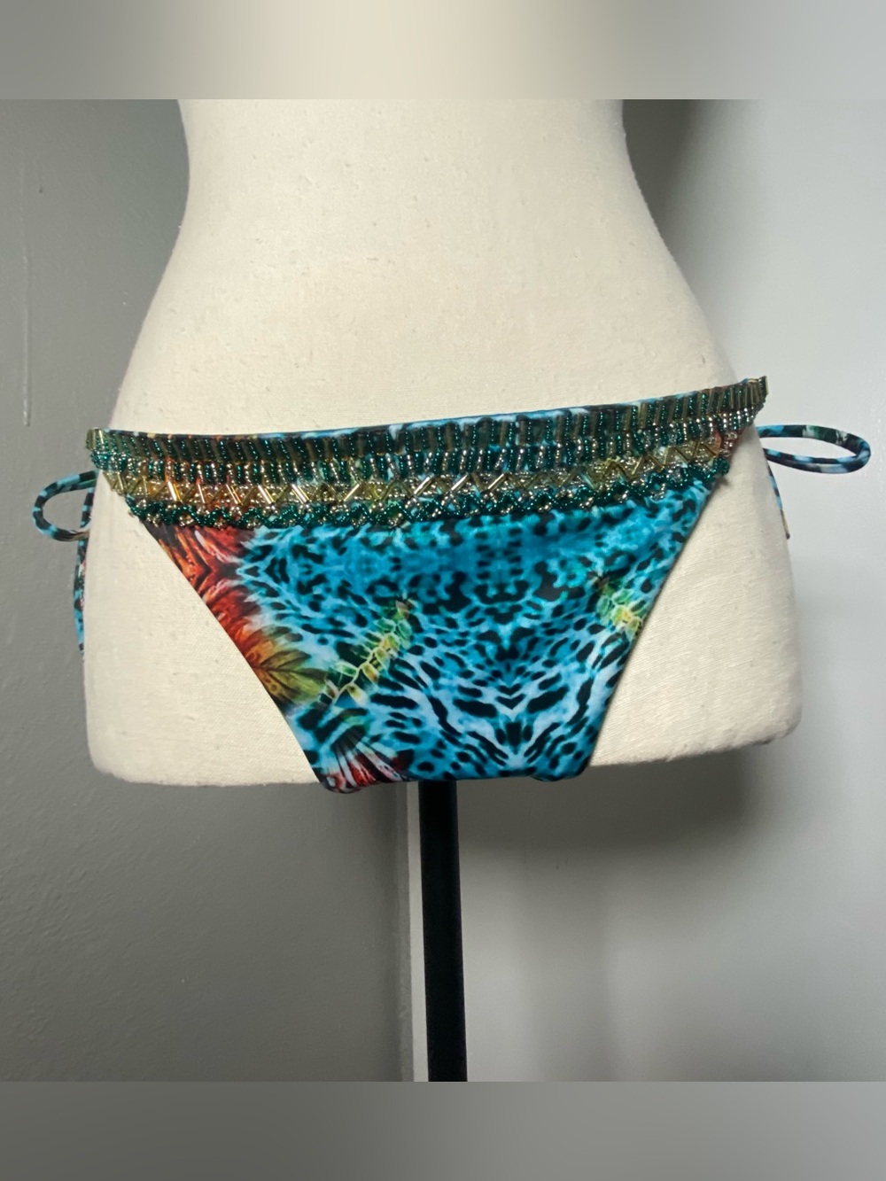 Colombian Designer Teal Blue Leopard Tropical Beaded Bikini Bottoms Size Medium